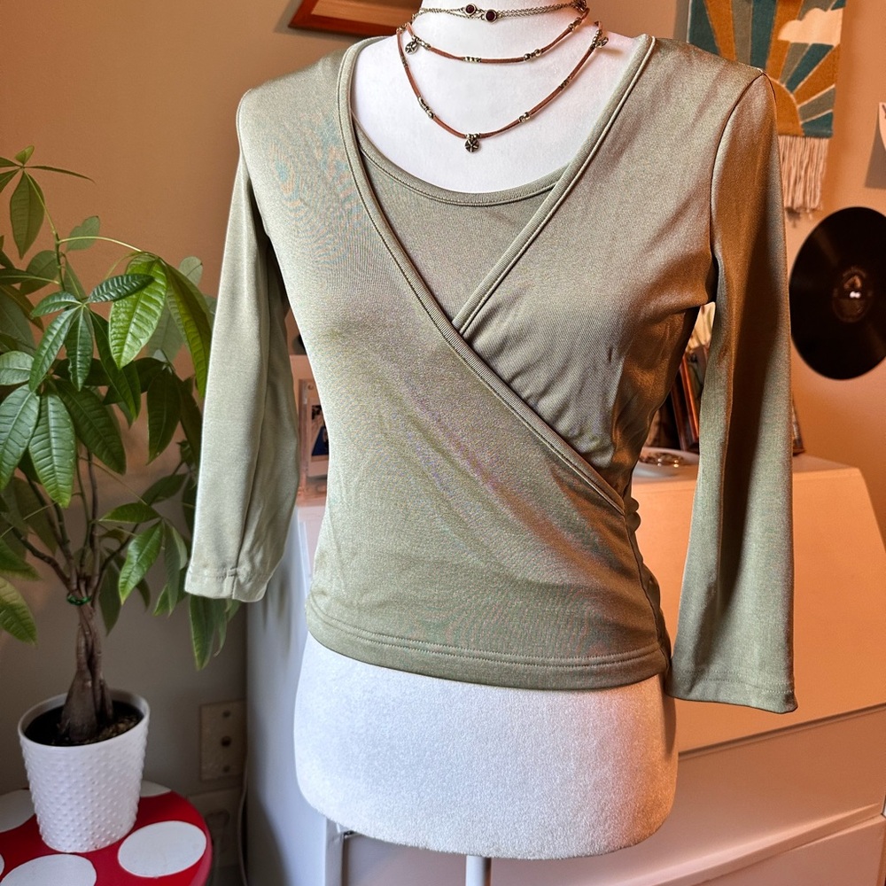 I.N. San Francisco Green Wrap Fitted Blouse 3/4 Sleeve